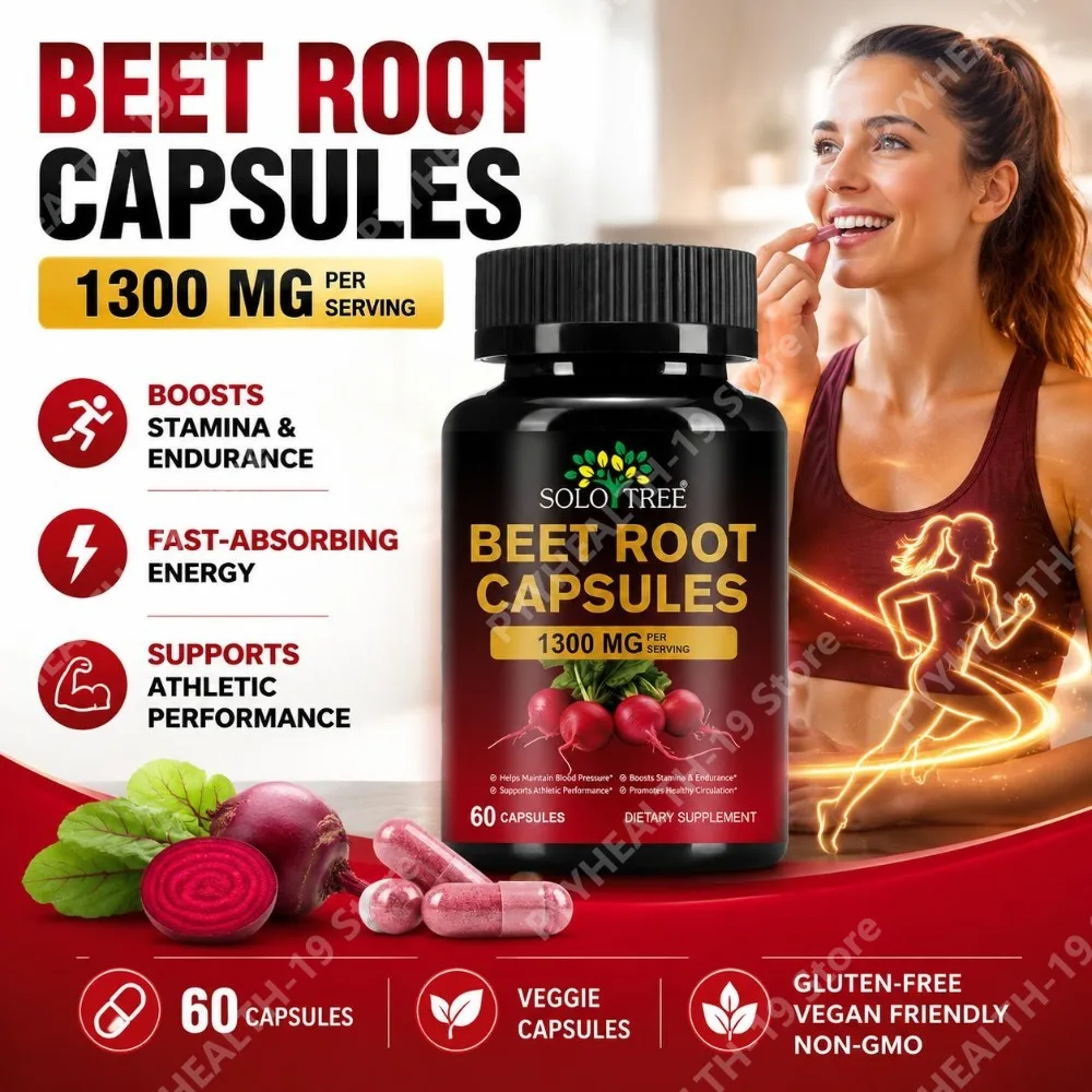 SOLO TREE Beet Root Capsules 1300mg Raw Beetroot Powder For Stamina Energy & Athletic Performance Support Formula Adult 60 Count