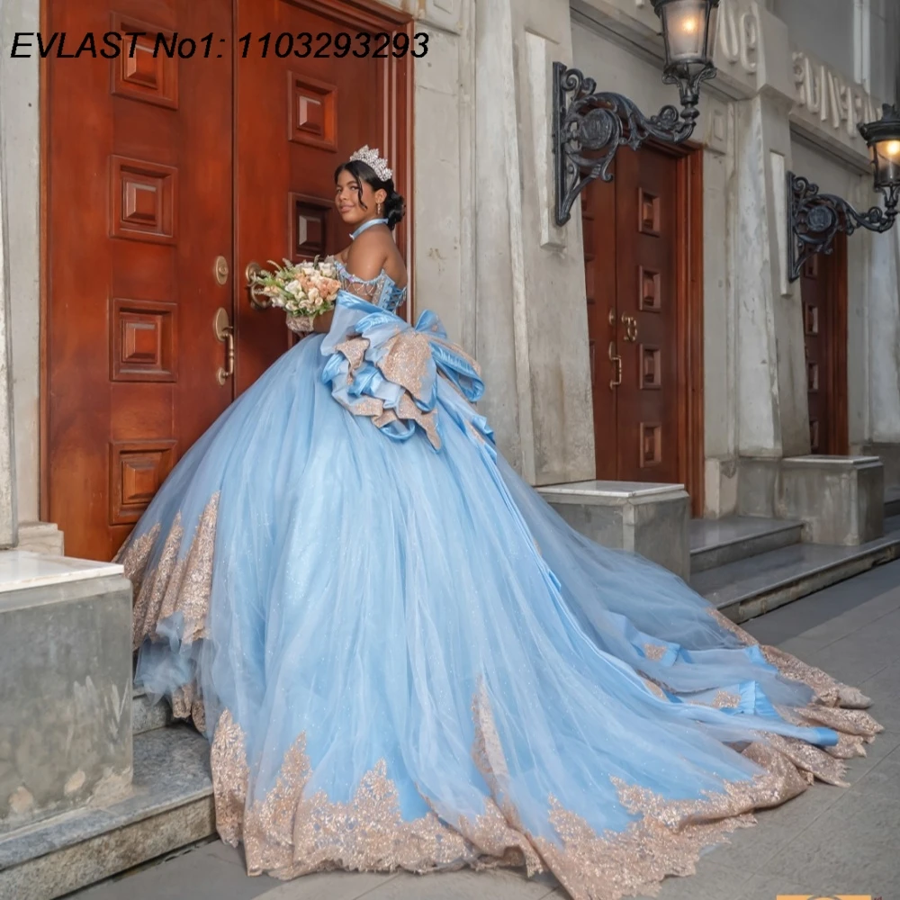 EVLAST Personalizzato Lucido Blu Floreale Abito Quinceanera Abito di Sfera Oro Applique di Pizzo Che Borda Dolce 16 Abiti Da 15 Anos E1QN643