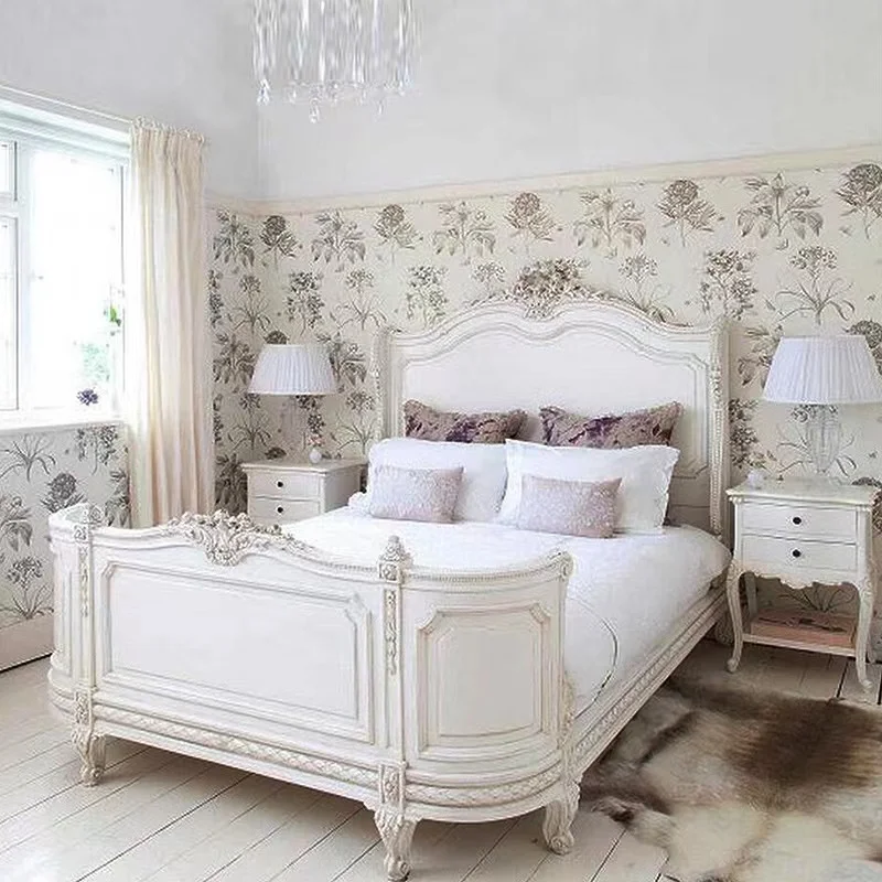 سرير زهور منحوت من الخشب الصلب العتيق، بروفانس بونابرت فرنسي 1.8 متر غرفة نوم سرير مزدوج سرير زفاف عتيق