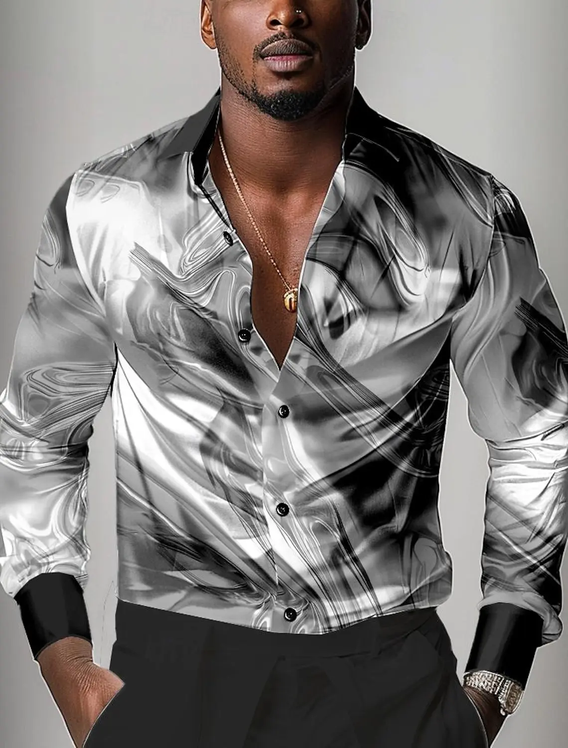 

Men's Long Sleeve Shirt Casual Fashion 3d Printed Polyester Black And White Printed Shirt Shirt men's Lapel Shirt Long Sleeve