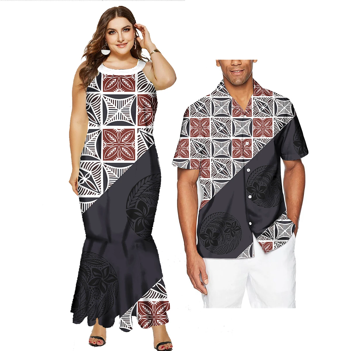 Low Price Custom Plus Size Couples Matching Outfits Polynesian Tribal Long Mermaid Dress And Mens Shirts His And Hers Clothes