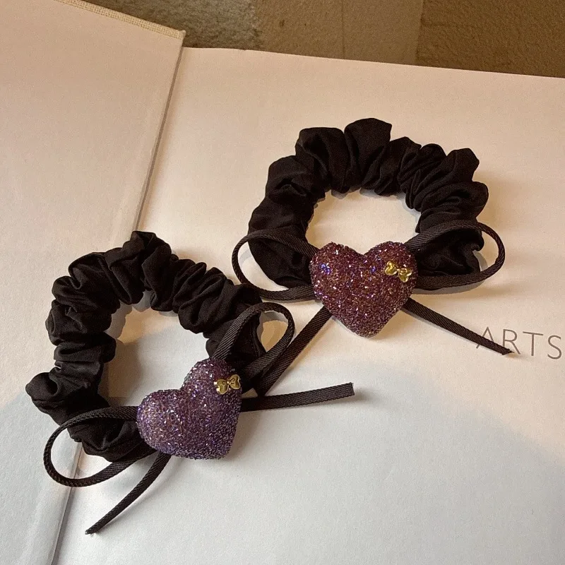 

Elegant Sugar Bow Hair Ties with Heart Rhinestones Fashion Retro Hair Bands Korean Style Ponytail Elastic