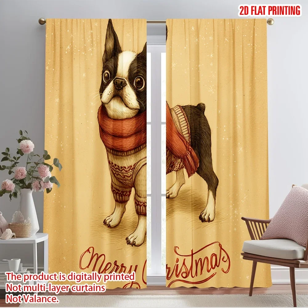 2pcs,2D plane printing Creative Curtains Boston Terrier and Reindeer Deer Versatile Polyester Fabric (without rod) Decorations