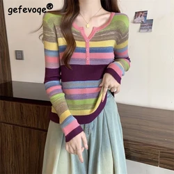 Women Trendy Striped Patchwork Chic Sweet Knitwear Spring Autumn Casual Round Neck Long Sleeve Pullover Tops Female Slim Jumpers