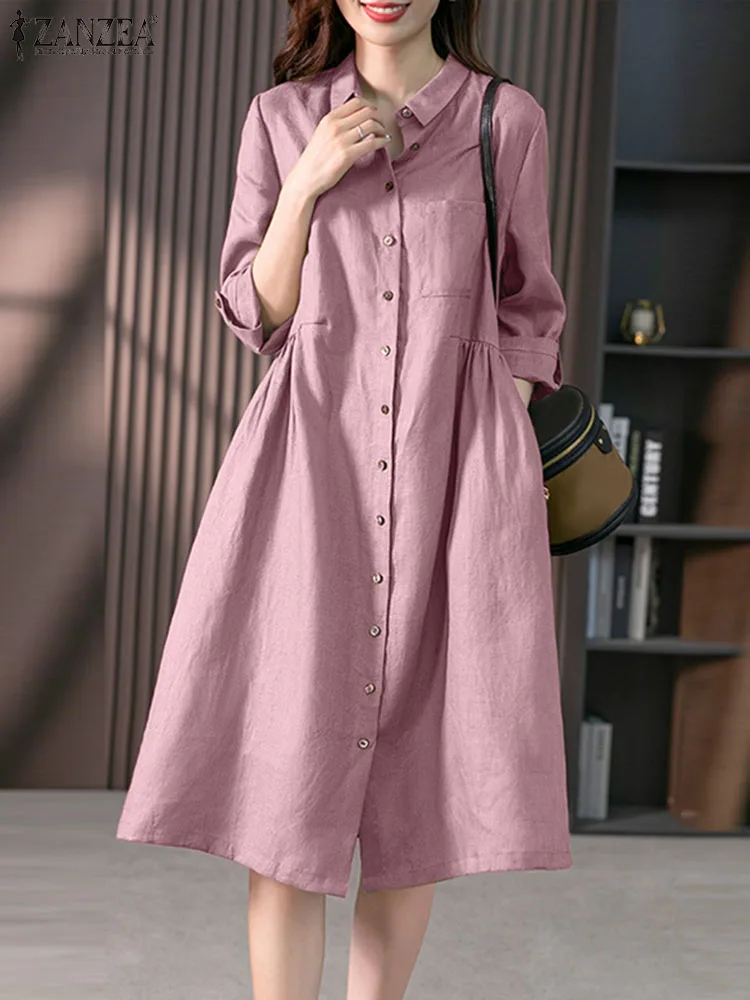 

Elegant Dresses For Women 2023 Long Sleeve Solid Shirt Dress ZANZEA Fashion Lapel Neck Buttons Vestidos Office Work Sundress