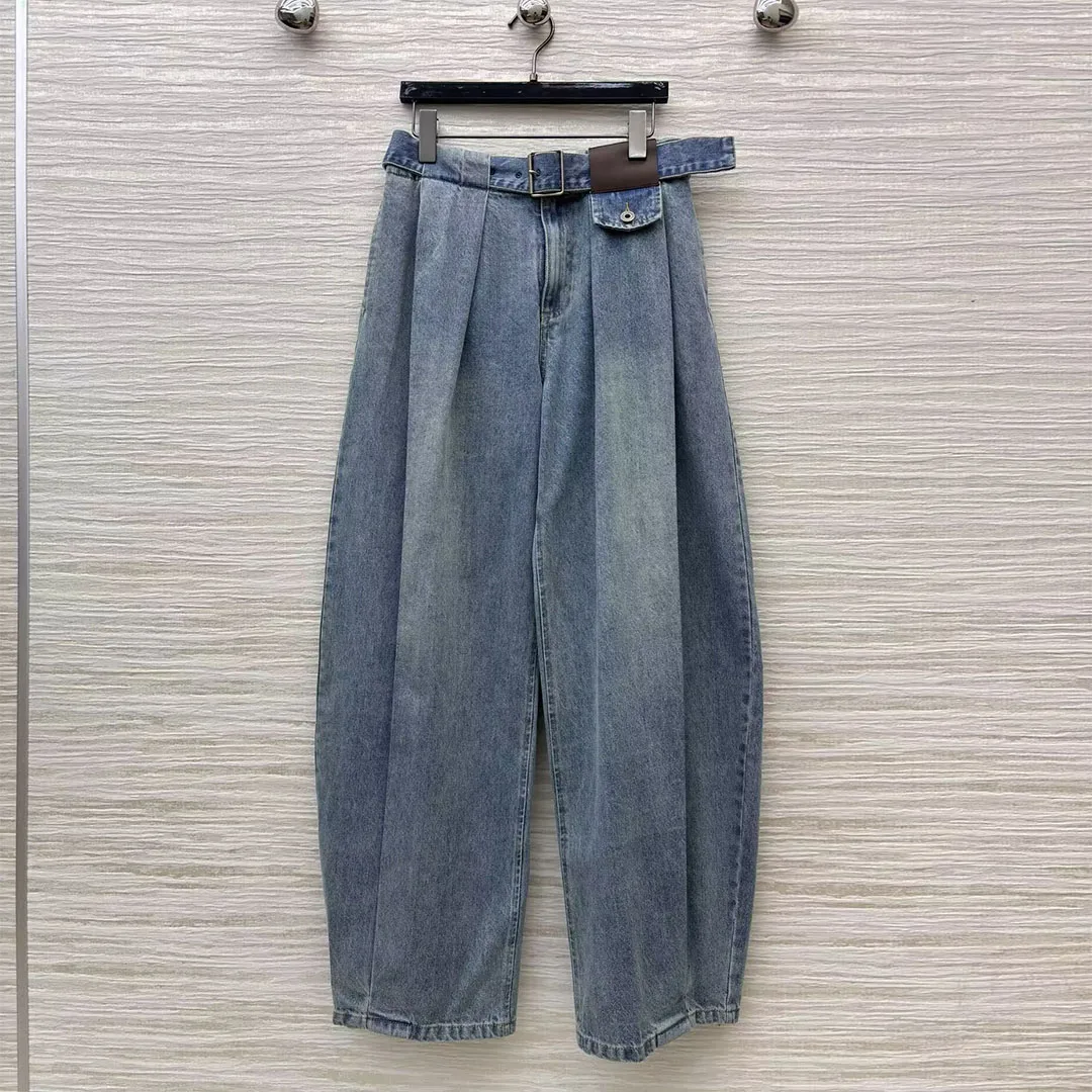

New Fashion Streetwear Washed Blue Bloomers Jeans Women High Waist Belt Vintage Casual Loose Chic Denim Pants
