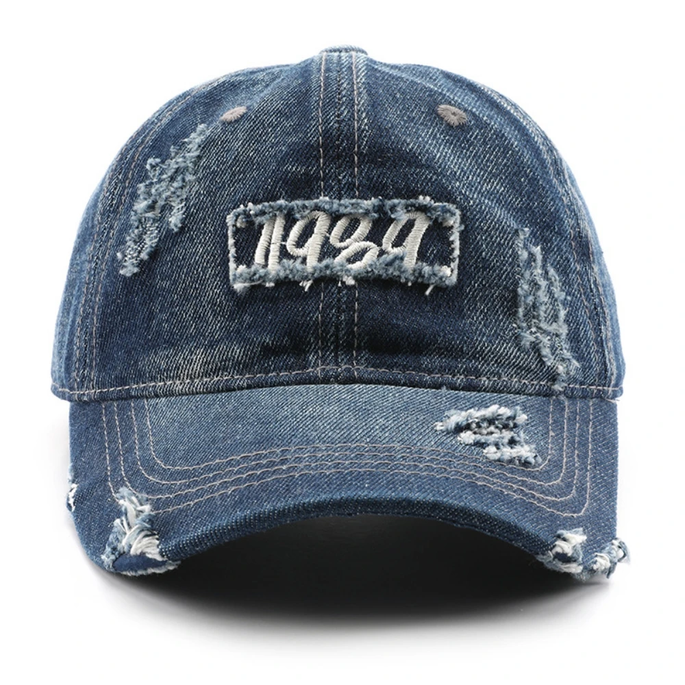 Neutral Street Style Patch Embroidery 1989 Distressed Fringed Denim Baseball Cap - Suitable for Skateboarding and Street Dancing