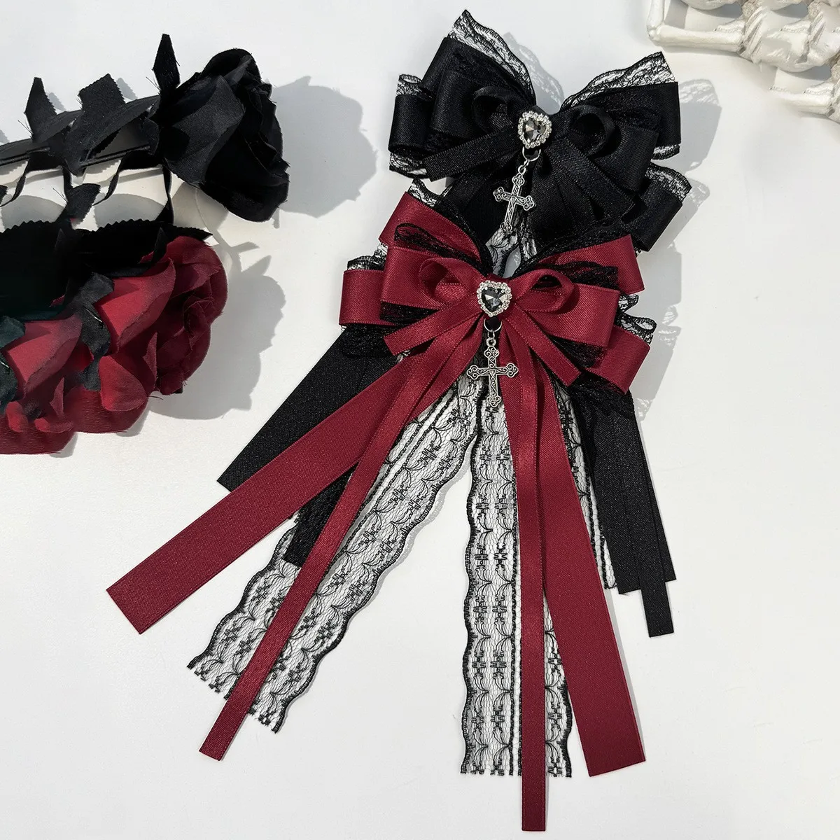Gotische Schwarz-Rote Spitzen-Satin-Haarspange mit Vintage-Strass-Quaste, Lolita-Haaraccessoires für Alltag, Party und Hochzeit – Detail 9