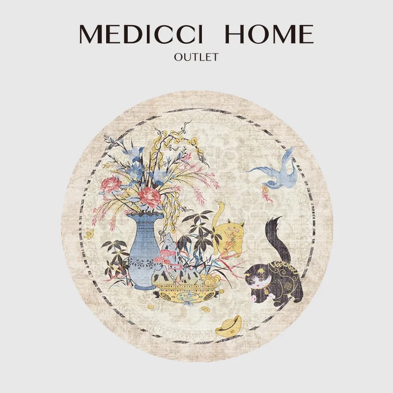 Medicci Home Chinoiserie Fortune Cat Vase Floral Decorative Round Carpet Medieval Style Area Rug 120x120 For Living Room Bedside