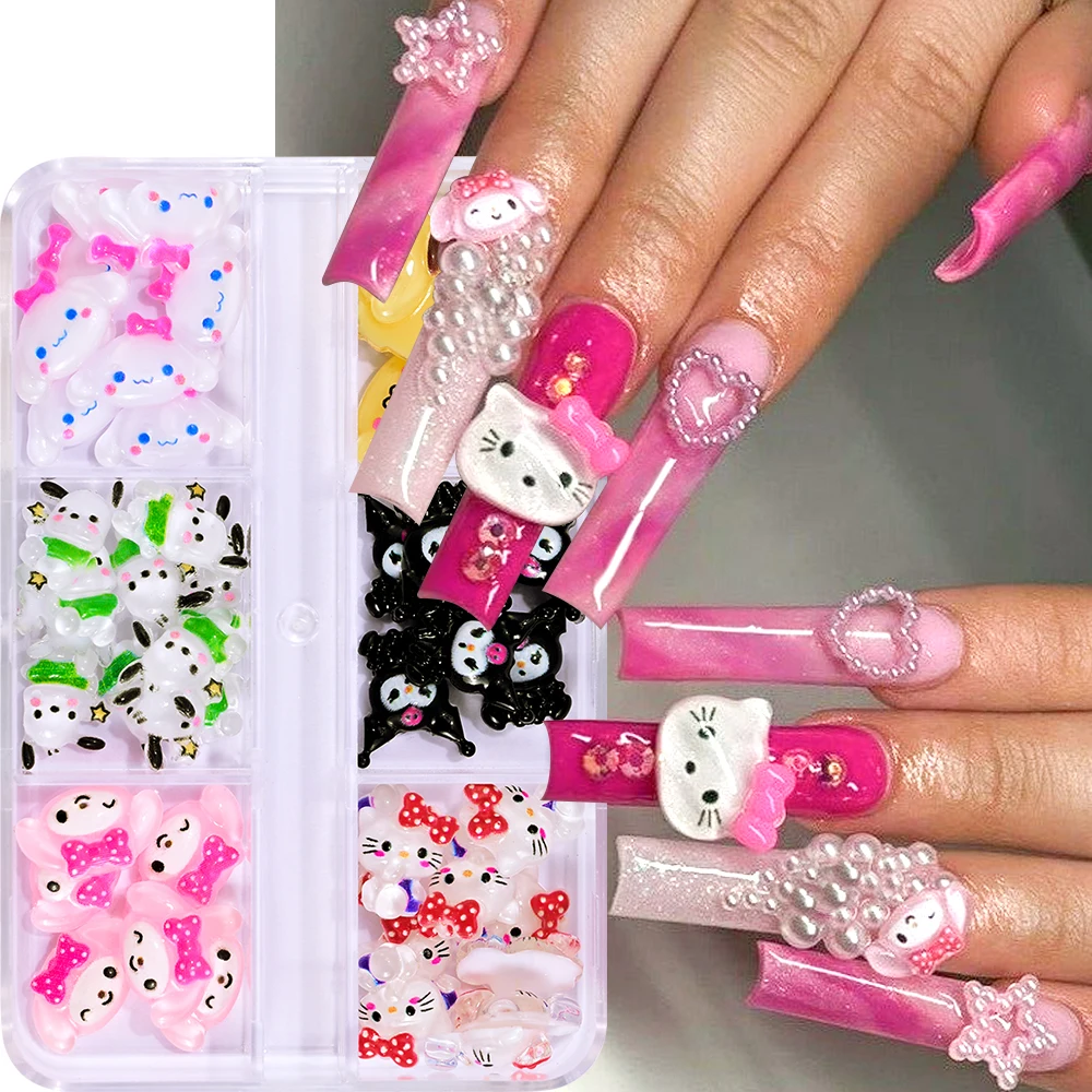 48Pcs/6Grids 3D Mix Sanrio Flat Back Resin Nail Rhinestones Kawaii HelloKitty Melody Cartoon Nail Charms For Girl Manicure Parts