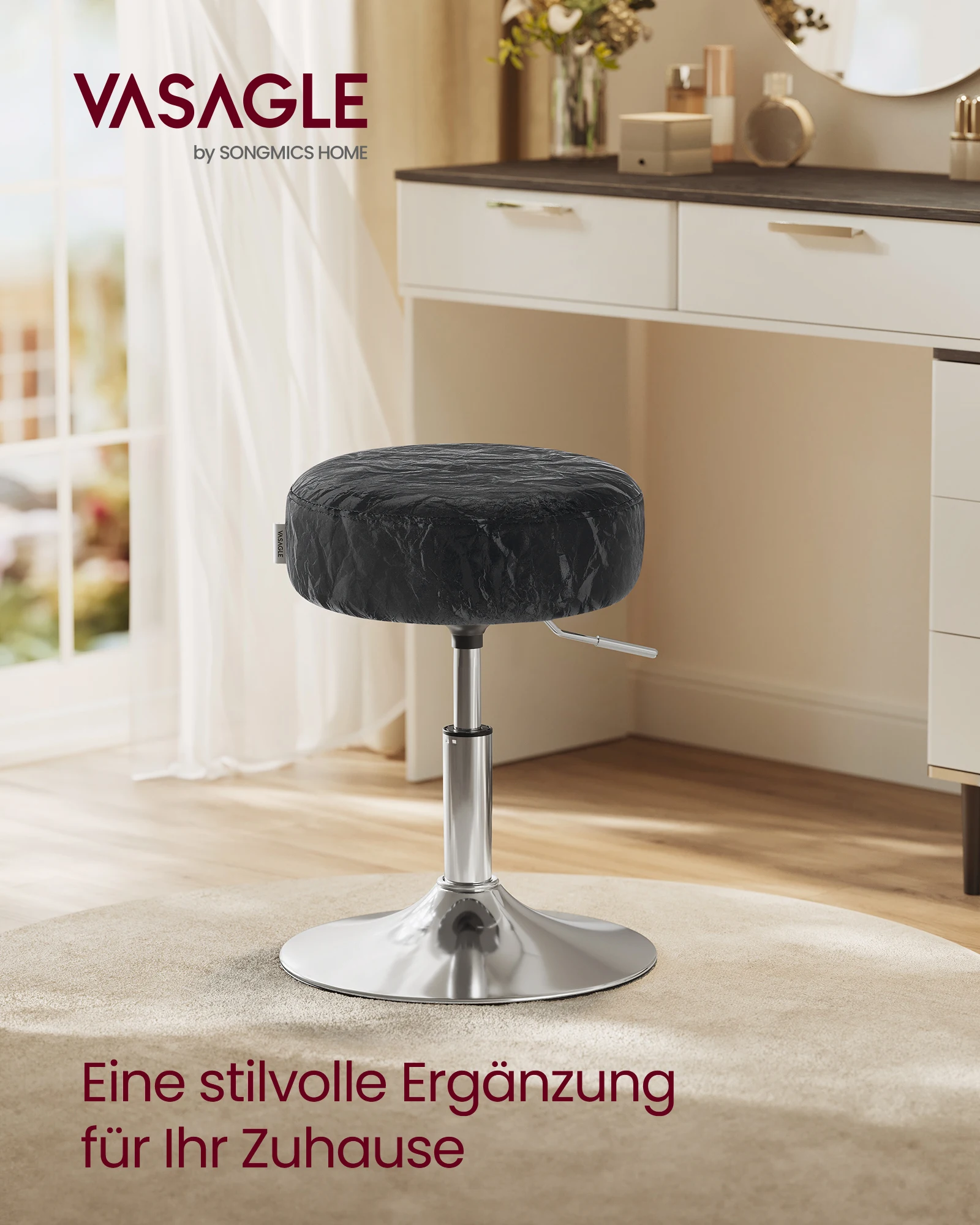 VASAGLE Schminkhocker, Schminkstuhl, Barhocker, höhenverstellbar, 360° drehbar, PU, Dicke Polsterung, für Schlafzimmer,modern