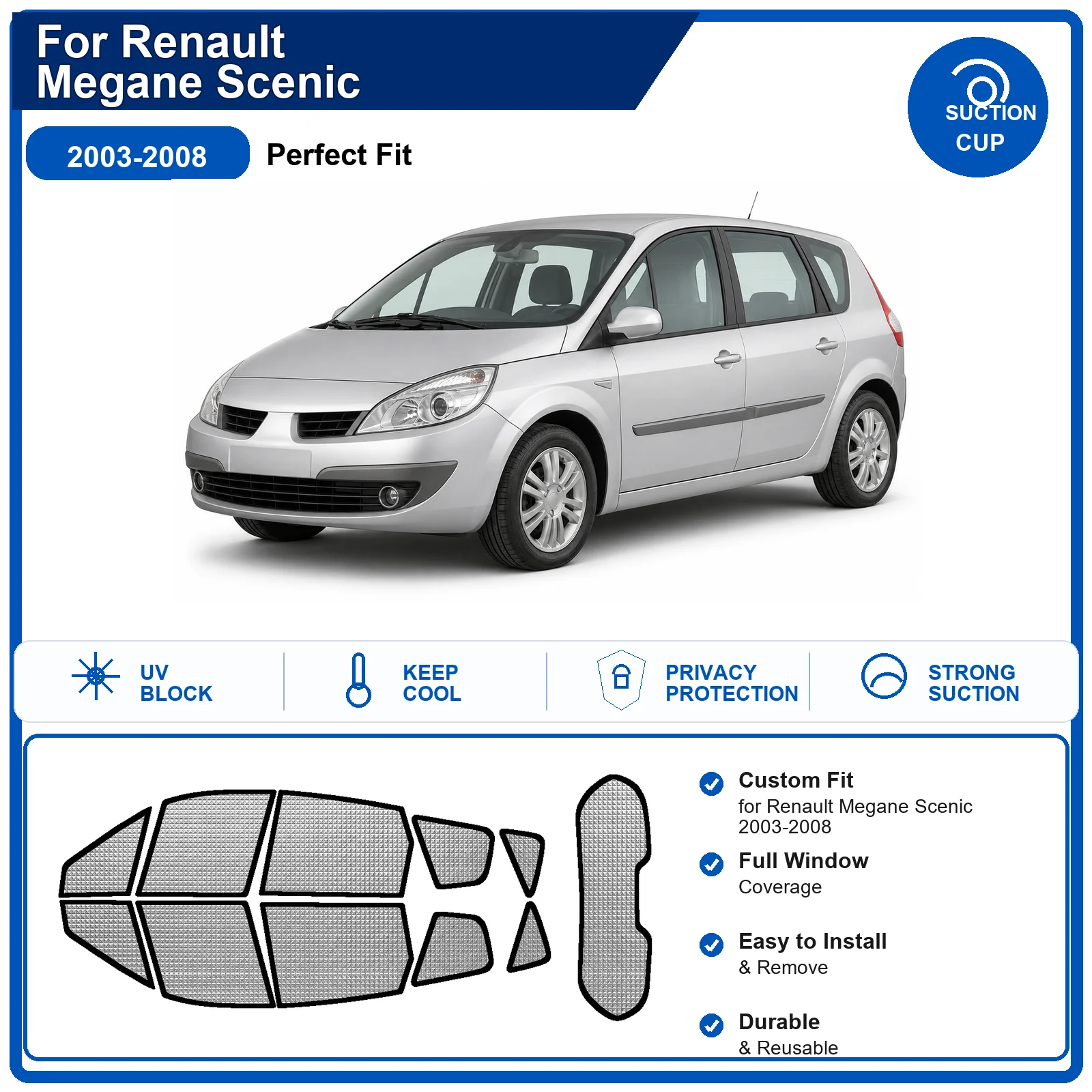 For Renault Megane Scenic 2003-2008 Custom Full Set Windshield Sun Shade Aluminum Foil Heat Insulation Anti UV Foldable
