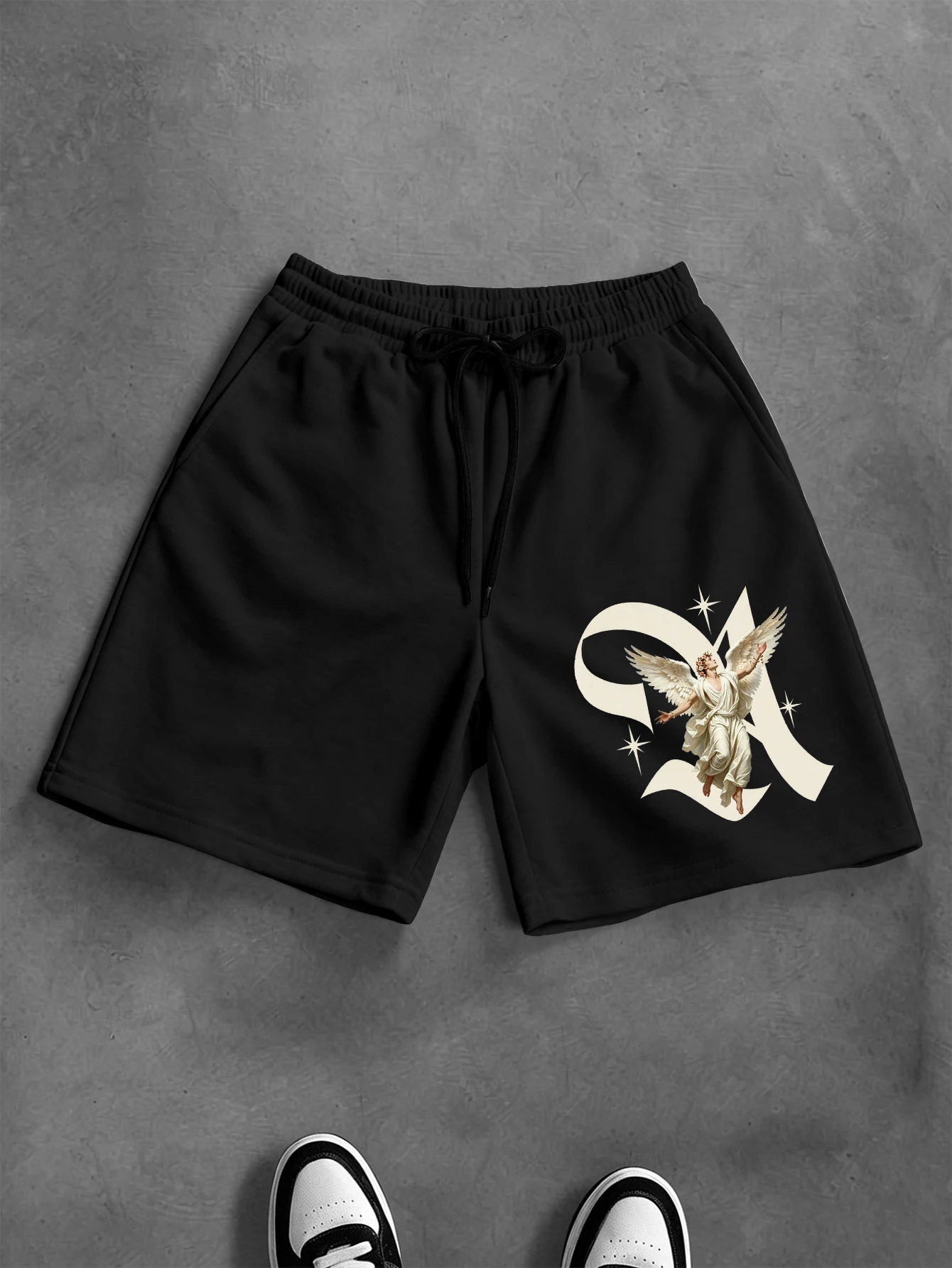 Men's And Women's Fitness Casual Shorts Angel Letter Print Loose Elastic Waist Streetwear Sweatpants And Joggers S‑2XL