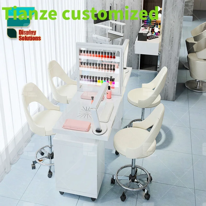 

Customized-Barbershop Decoration Design Hair Salon Mirror Station Luxury Nail Salon Furniture Double Nail Table