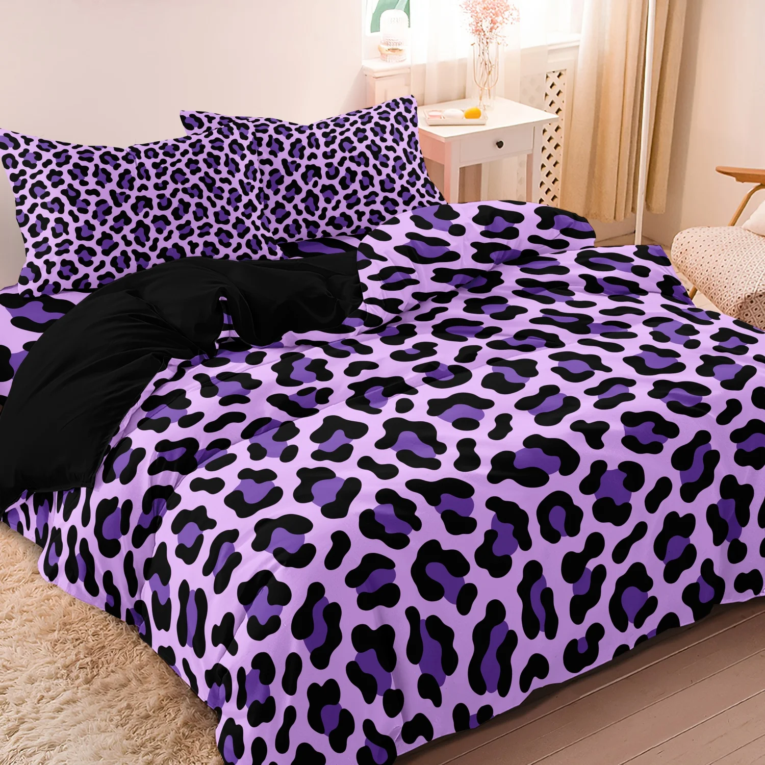 3pcs Purple Black Leopard Print Bedding Set, Purple Spotted Duvet Cover, Suitable For Family Bedrooms, Hotels And Dormitories
