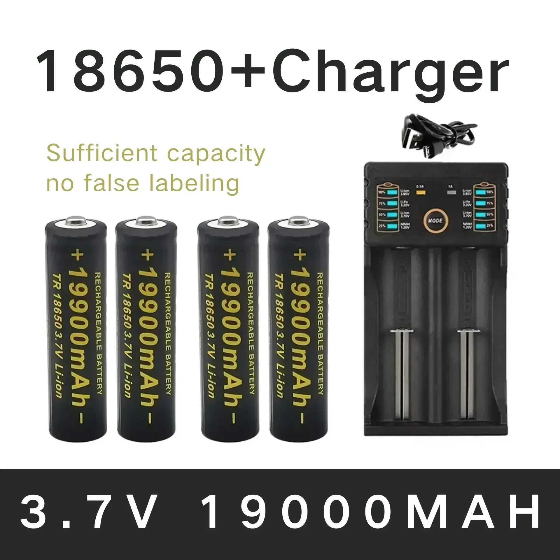 100% New 18650 Lithium Batteries Flashlight 18650 Rechargeable-Battery 3.7V 19900 Mah for Flashlight +201 charger