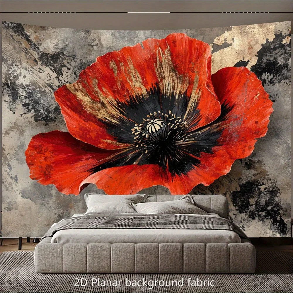 Large Red Poppy Flower Wall Mural with Abstract Background 2D Planar Fabric Decor for Modern Living Room Artistic Home Design