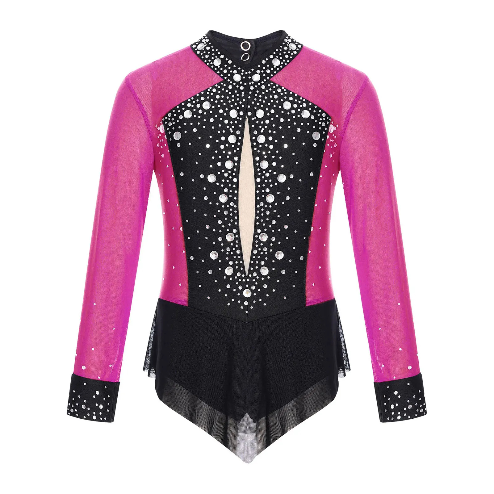 Kids Girls Rhythmic Gymnastics Figure Skating Dance Costume Sparkly Rhinestones Ballet Leotards Sheer Mesh Skirted Bodysuit