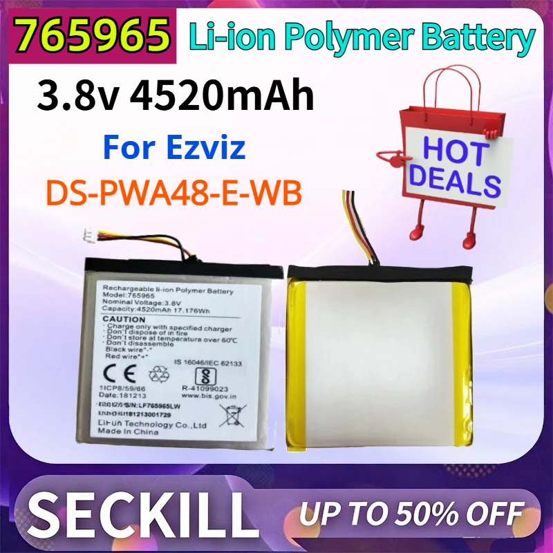 1-6PCS 765965 3.8V 4520mAh Rechargeable Li-ion Polymer Battery for Ezviz DS-PWA48-E-WB Civil Intelligent Security Equipment