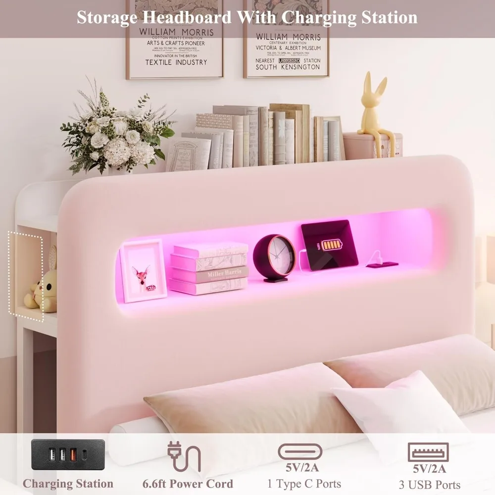 Cadre de lit double à LED avec planche de sauna de rangement, cadre de lit pour filles avec 2 portes de proximité et ports USB, cadres de lits à plateforme en velours