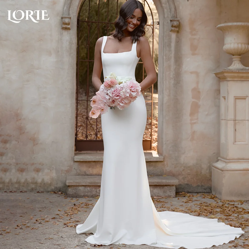 LORIE Abiti da sposa a sirena in raso vintage Colletto quadrato Abiti da sposa mono Abito da sposa principessa senza maniche a sirena personalizzato