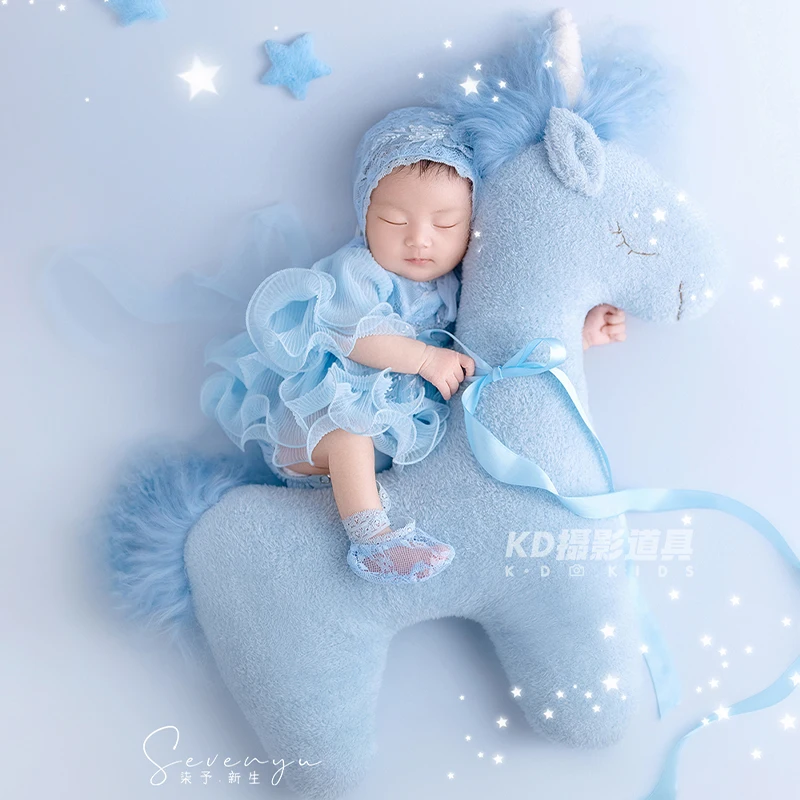 

Newborn Baby Blue Fairy Photography Props Lace Ruffle Dress, Bonnet & Unicorn Toys, Cute Infant Girl Photo Costume for 0-1 Month