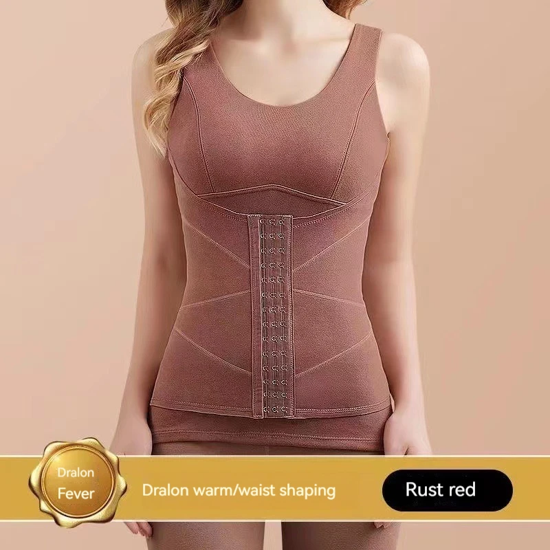 Top cálido de terciopelo alemán para mujer, camiseta sin mangas inferior con almohadillas en el pecho, hebilla y ropa interior moldeadora de cuerpo,