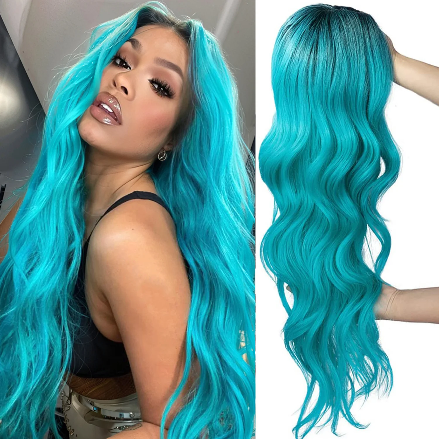 

WIGNEE Парик Русалки Длинные объемные волны Парики для женщин Синтетический парик Синий цвет Термостойкое волокно Хэллоуин Косплей Вечеринка Использование