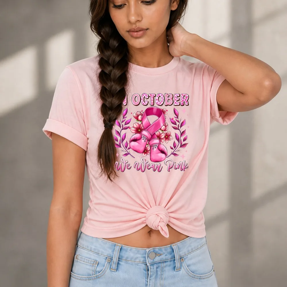 In October We Wear Pink Boxing Gloves Floral Wreath Pink Ribbon T-Shirt Breast Cancer Awareness Graphic Tee Fight Warrior Tops