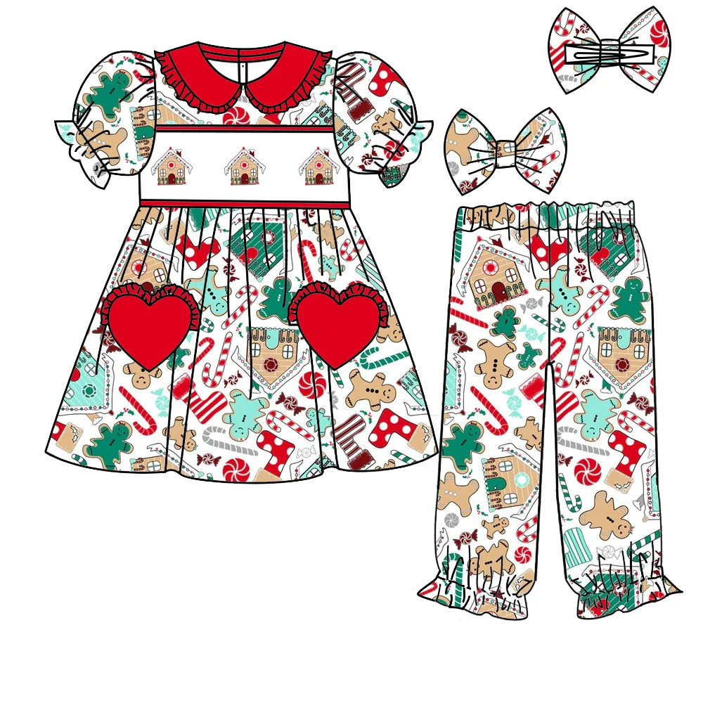 Boutique Children's Christmas Outfits Boys Girls Gingerbread Pajamas Set Cartoon Express Train Kids Clothes