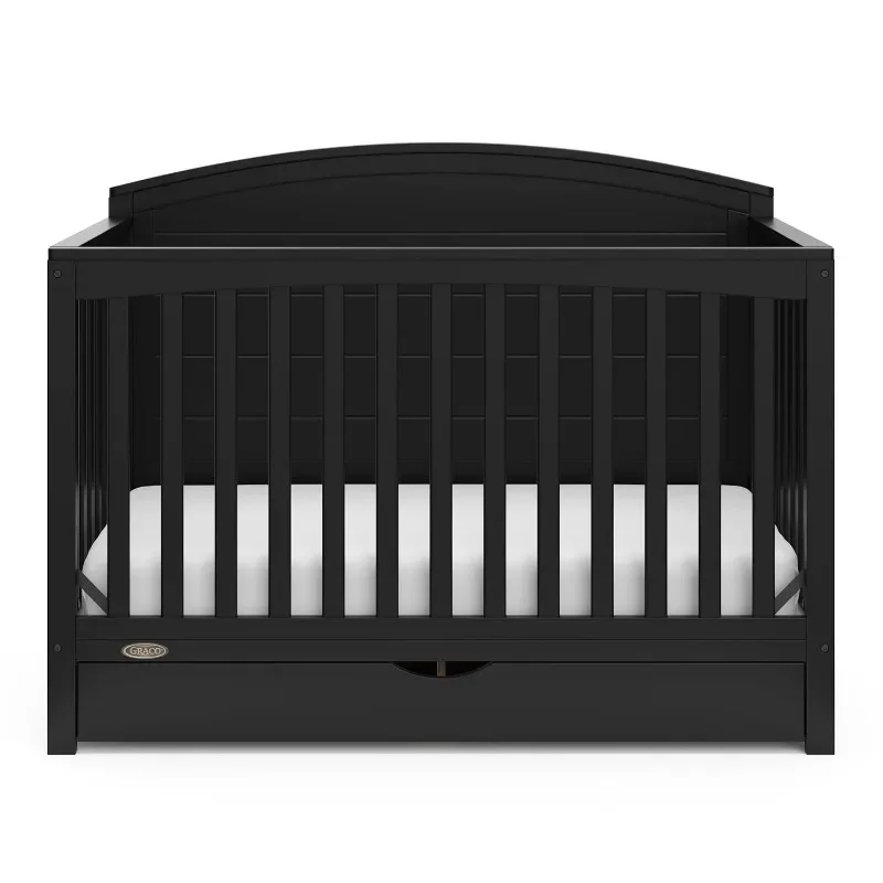 5-in-1 Convertible Crib with Drawer (Black), Full-Size Storage Drawer, Converts to Toddler Bed and Full-Size Bed