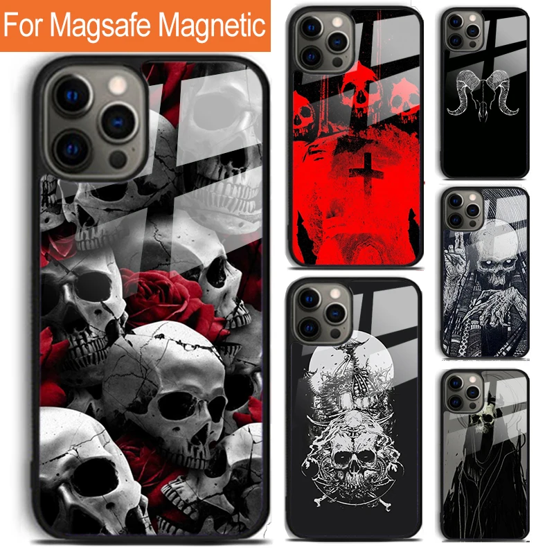 Satanic Scary Black Punk Human Skeleton Phone Case For iPhone 16 15 14 13 12 11 Pro Max Plus Magsafe Magnetic Wireless Cover