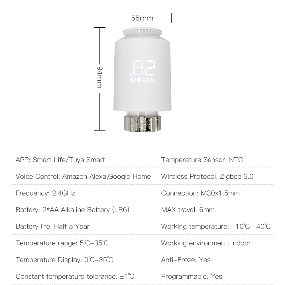 AVATTO Tuya ZigBee3.0 Smart Thermostat Radiator Actuator，TRV Thermostatic Valve Controller Works With Alexa,Google Home,Alice