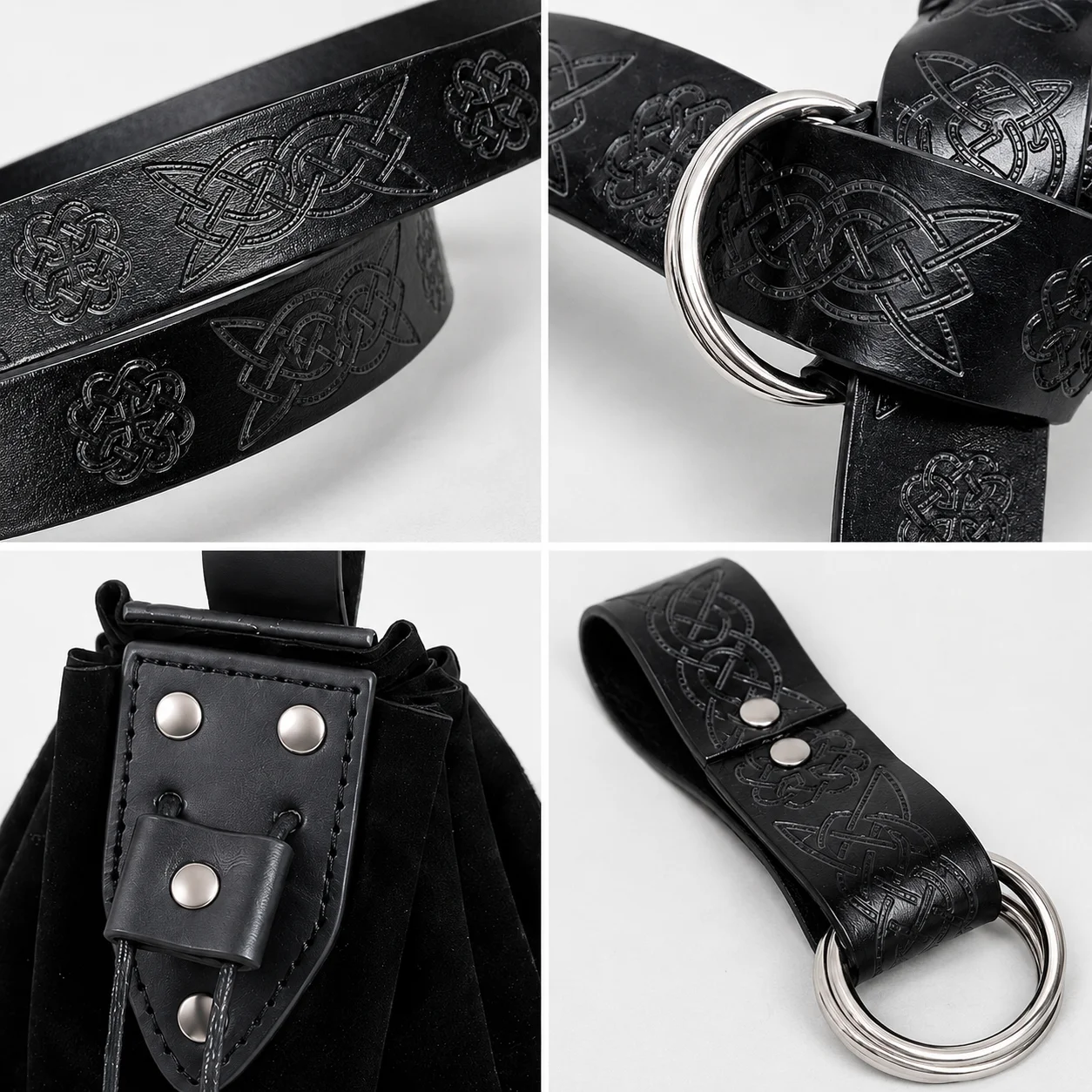 Celtic Leather Belt and Pouch Set, Medieval Waist Bag with Ring Holder, Adjustable Viking Costume Accessories for LARP view 6