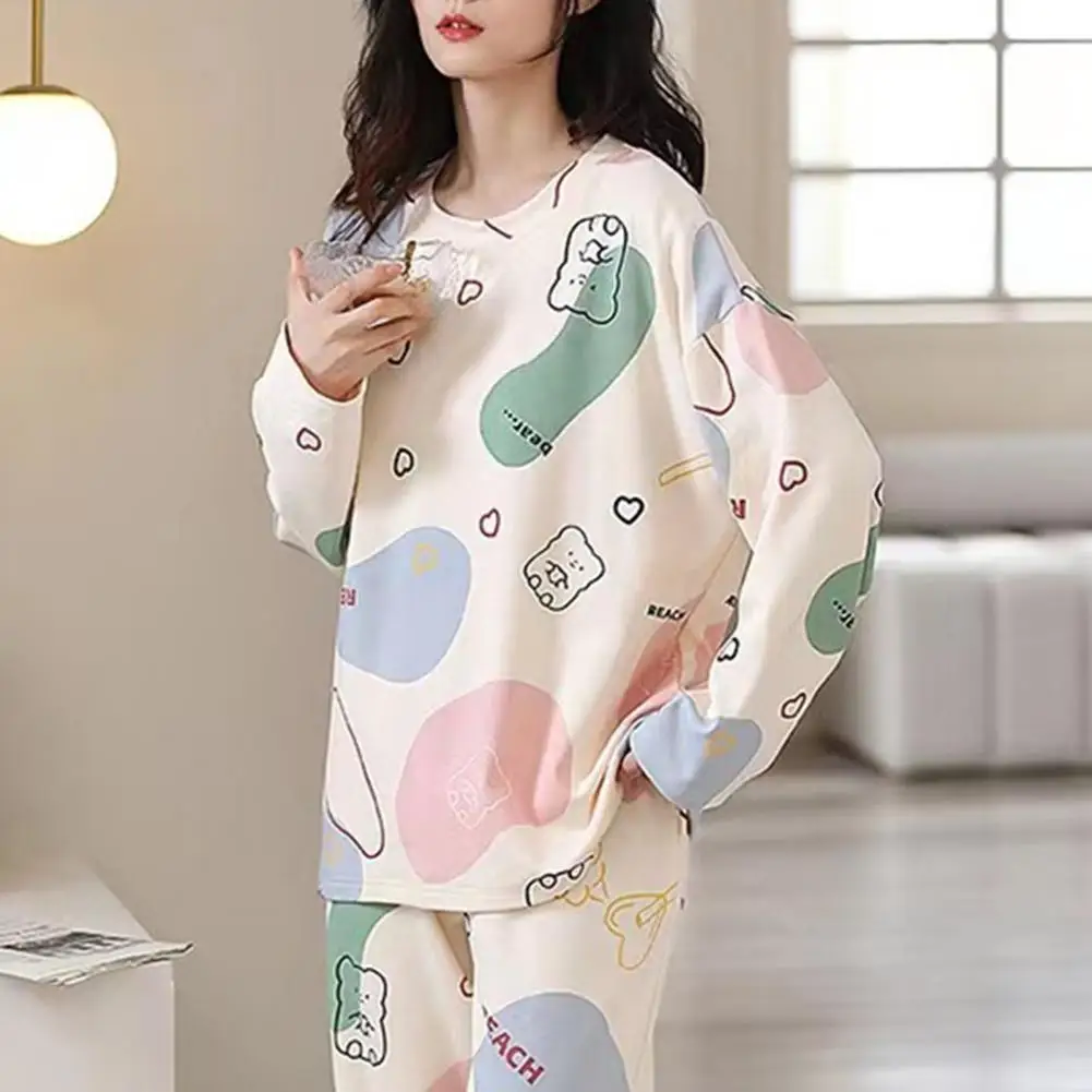 2Pcs/Set O-Neck Long Sleeve Mid-Rise Elastic Waistband Loose Pajamas Set Girls Cartoon Print Pullover Blouse Long Pants Set