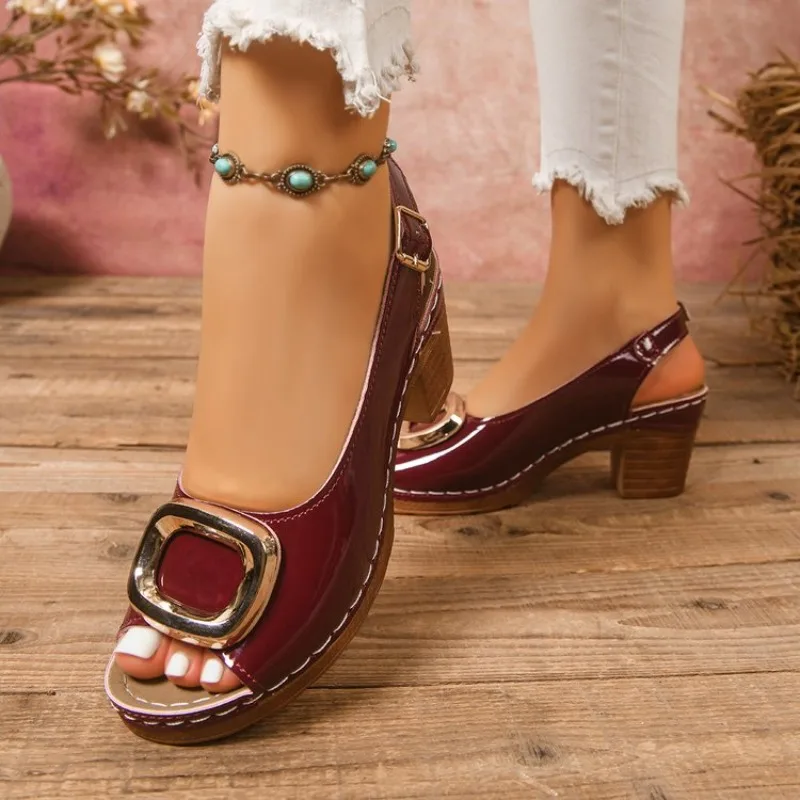 Women's Sandals Open Toe Mid Block Heel Patent-Look Slingback Strap Metal Buckle Contrast Stitching Casual Daily Walking Shoes view 6
