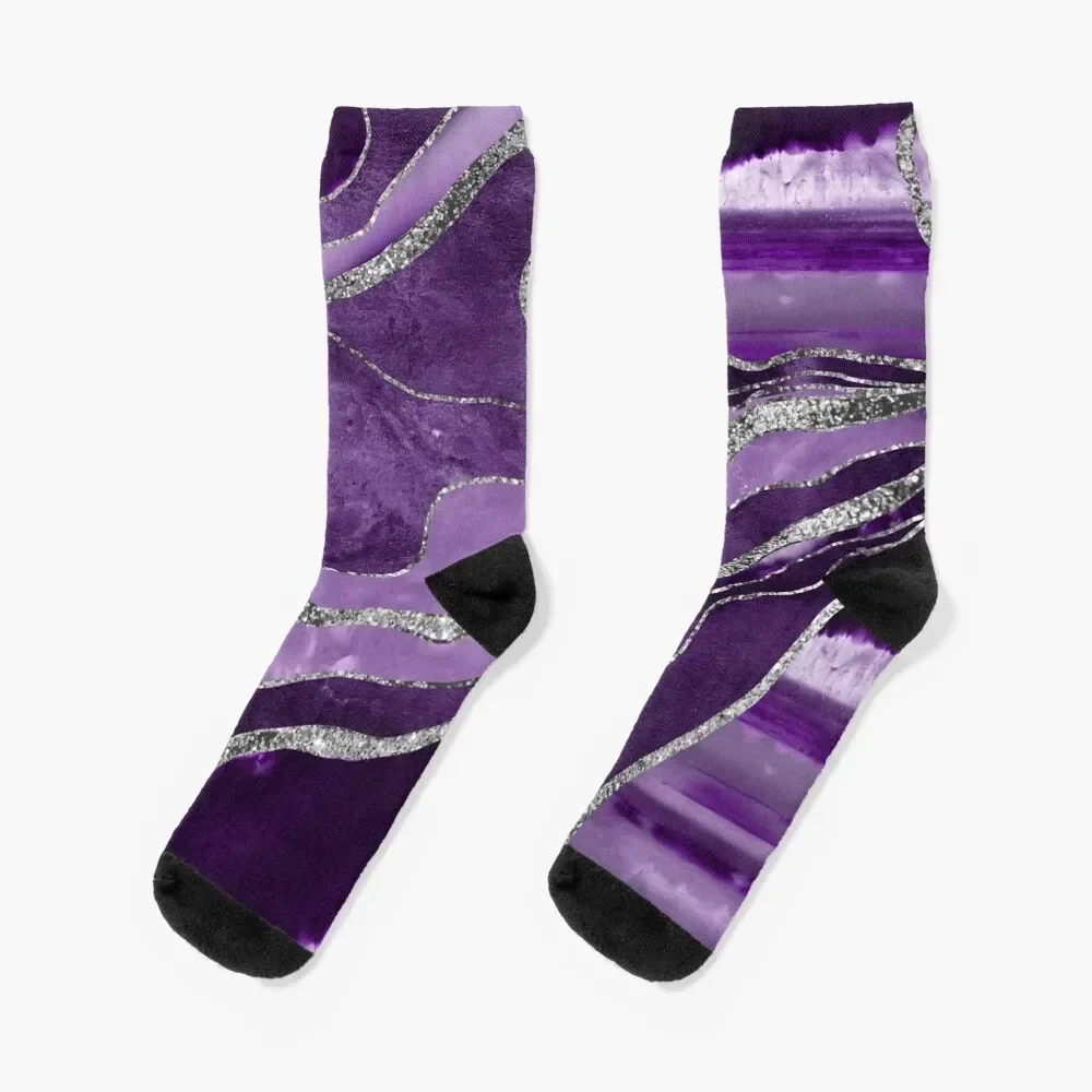 Purple Marble Agate Silver Glitter Glam #1 (Faux Glitter) #decor #art Socks custom sports christmass gift Men Socks Women's