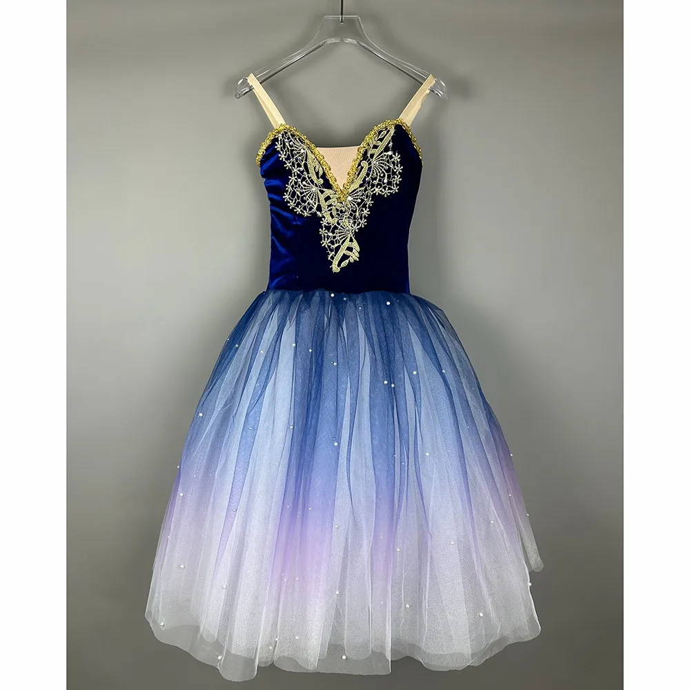 Vestido de Ballet largo para niñas, ropa de actuación, azul y púrpura tutú de falda de Ballet, trajes profesionales de danza del vientre, Top de