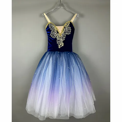 Imagen 1 del producto Vestido largo de Ballet para niños, ropa de actuación, falda tutú de Ballet azul y morado, trajes profesionales de danza del vientre, Top de terciopelo