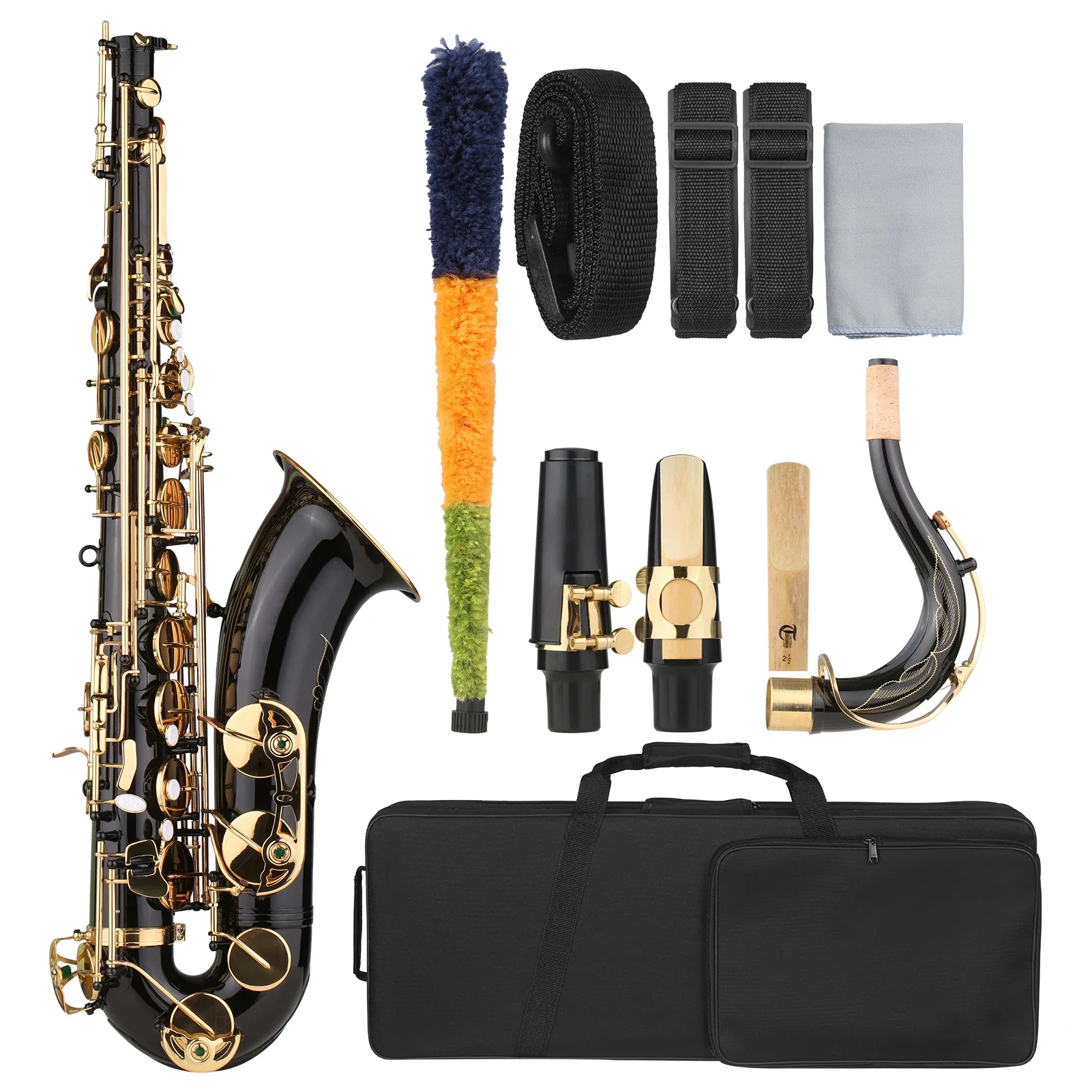 B-flat Tenor Saxophone Bb Black Lacquer Sax with Instrument Case Mouthpiece Reed Neck Strap Cleaning Cloth Brush for Musicians B