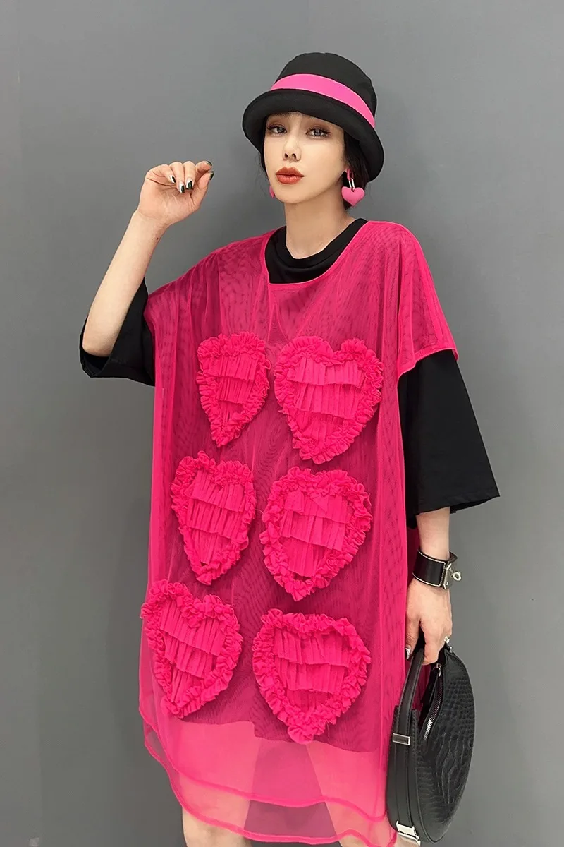 2024 Summer New Long T-shirt Tulle Dress 2 Pieces Short Sleeved Heart-Shaped Dress Suit Loose Slim Fit Vestidos Women's Clothes