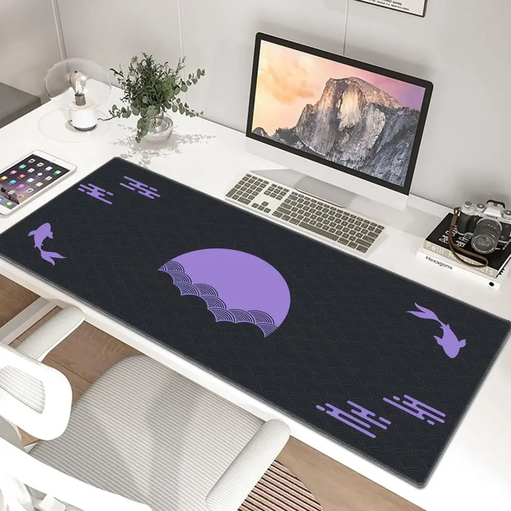 Japanese Desk Mat Black & Gold Mousepad Koi Fish Sun Cloud Japan Art Seal Sunrise Dark Sunset Large XXL Mouse Pad Gaming Deskmat