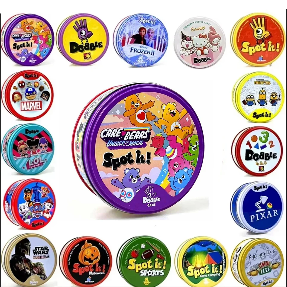 Hot 24Styles Double juego Card Dobble Card Game Table Board Game for Dobbles Kids HP Metal Box Card Matching Toys for Childrens