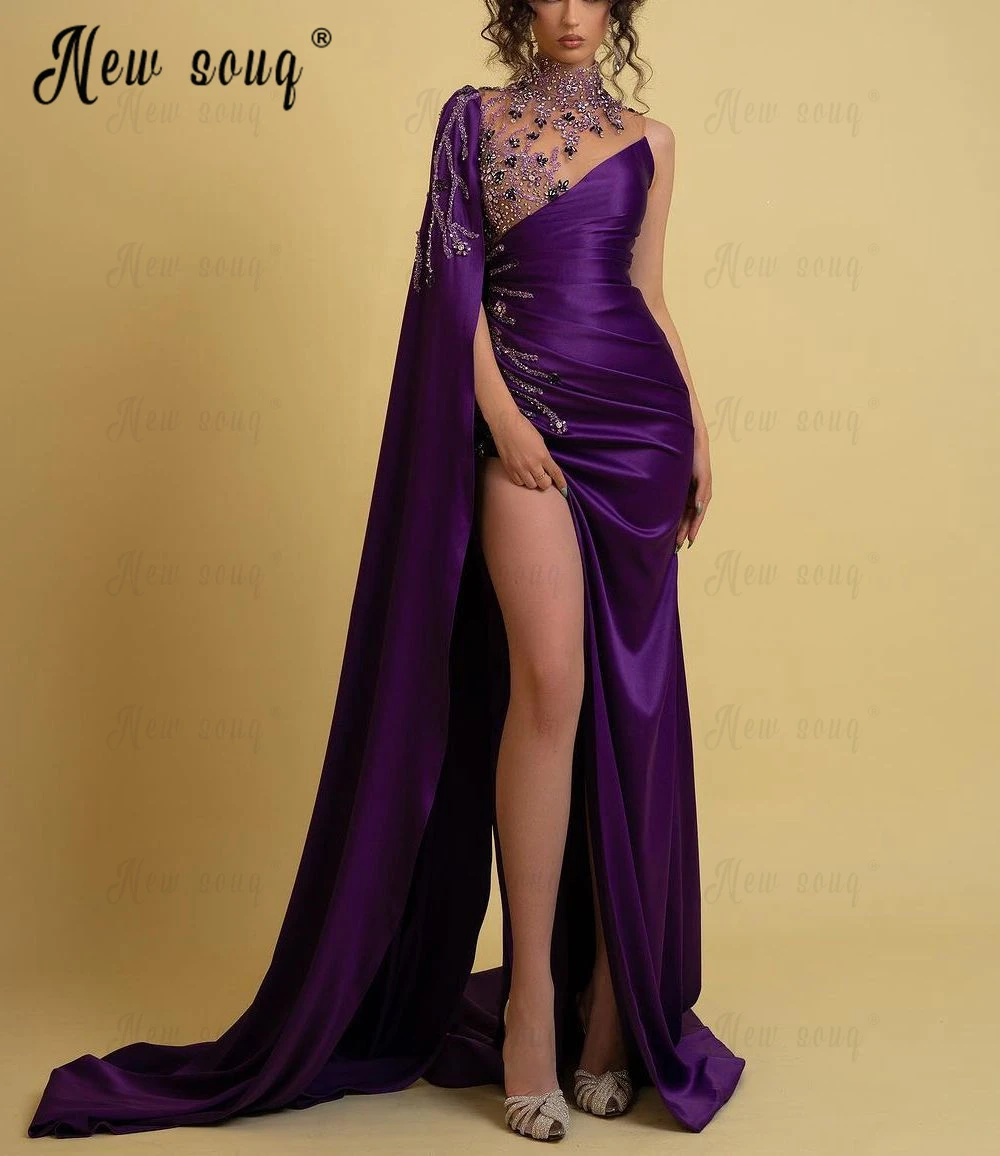 Dark Purple Luxury Embroidery Evening Dress With Long Cape Sleeve Side Slit 2023 Dubai Turtleneck Wedding Party Dresses вечернее