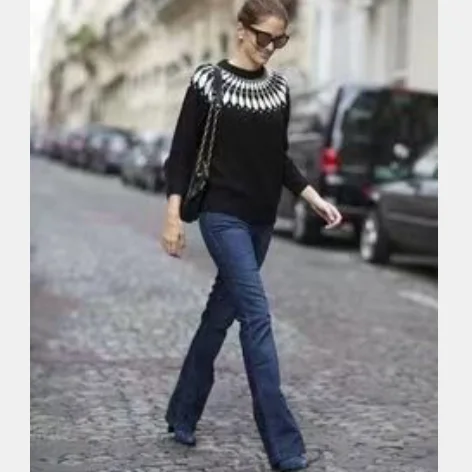 Suéter de lã pura de malha e com gola redonda, padrão floral nos ombros, blusa de malha com gola alta para mulheres.