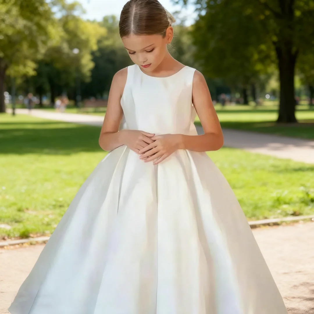 Vestido de fiesta de boda de satén para niños, vestido sencillo con lazo y flores para niña, vestido largo de cumpleaños, vestido de primera comunión