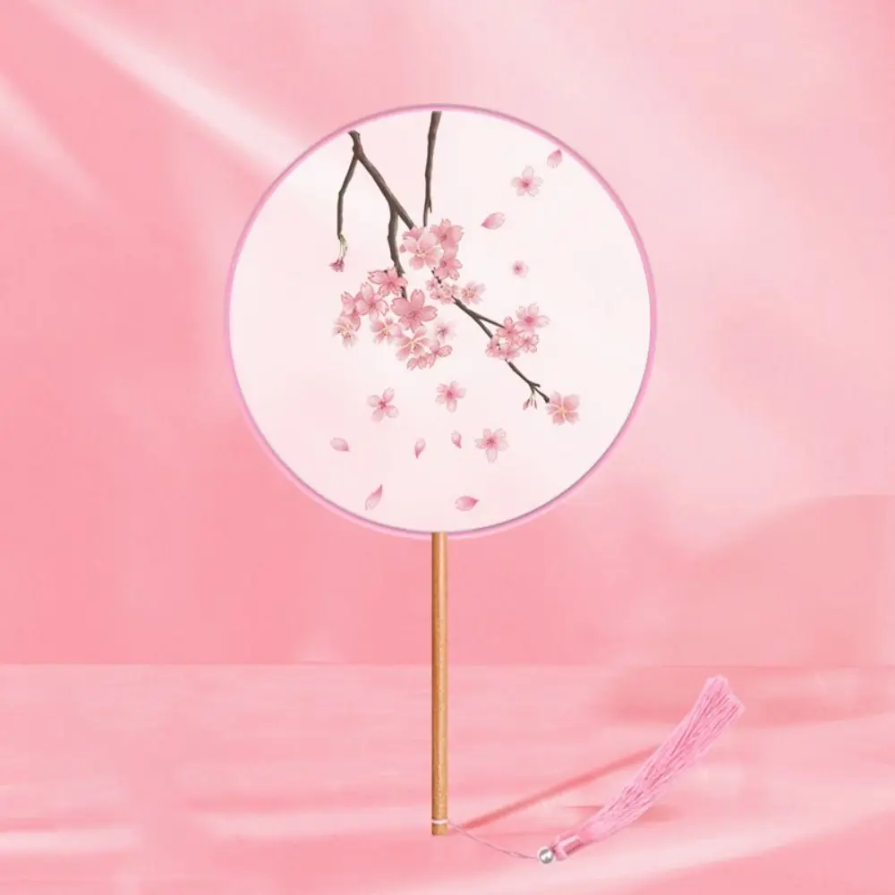 

Chinese Style Round Hand Fan Ink Painting Ancient Dance Silk Fan Long Handle with Tassel Embroidery Fan for Photography Props