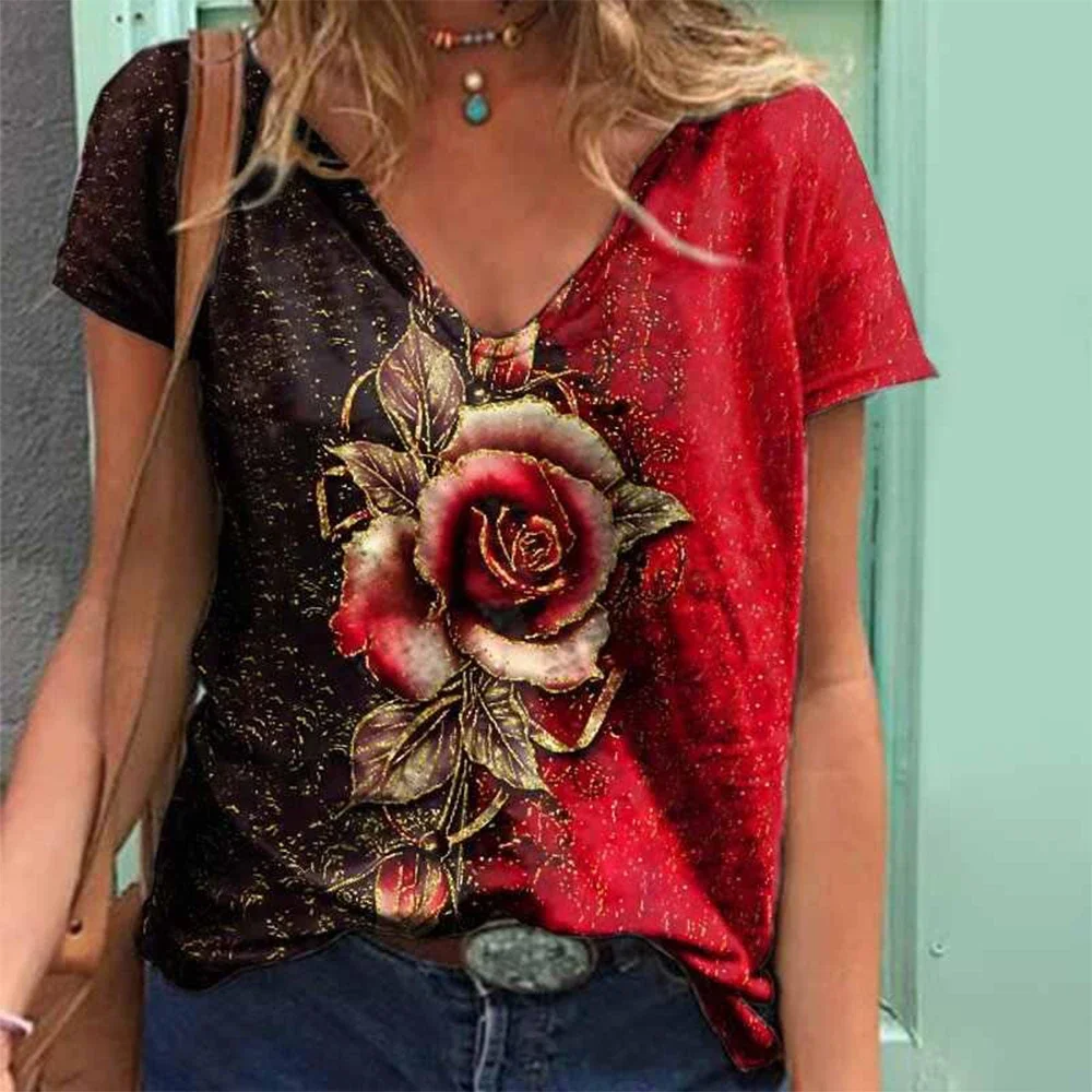 Camisetas con cuello en V para mujer, camisetas con estampado de moda de verano, camisetas con gráficos rosas Y2k Harajuku, camiseta de gran tamaño, ropa informal para mujer