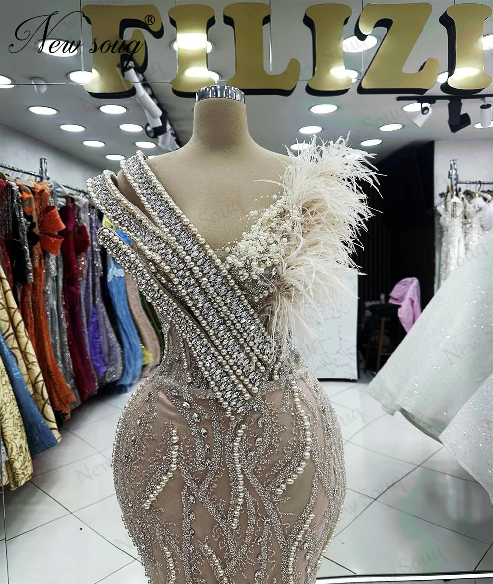 Champagne Beading Prom Dresses 2024 Luxury Feathers Mermaid Cocktail Evening Dresses Robes Dubai Female Wedding Party Dress