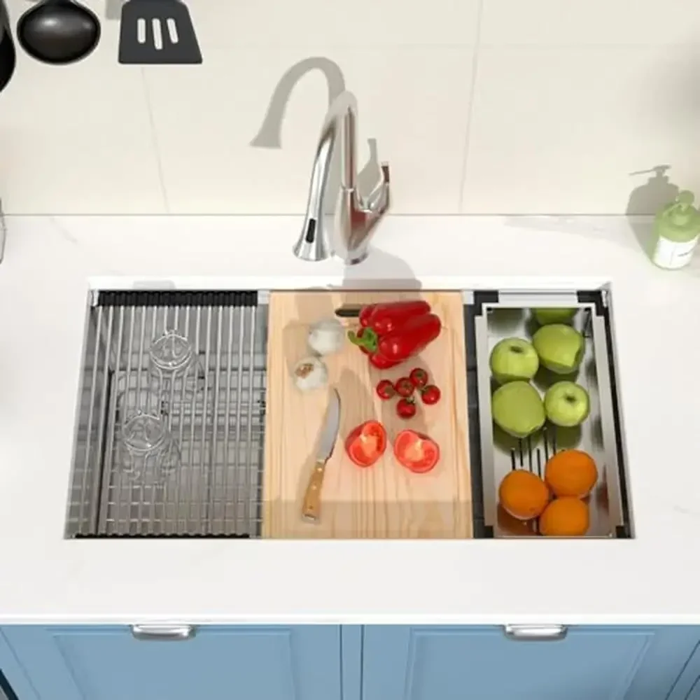 

30-дюймовая кухонная раковина с одной чашей из нержавеющей стали, рабочая станция 16 калибра, прочная универсальная конструкция, система быстрого дренажа